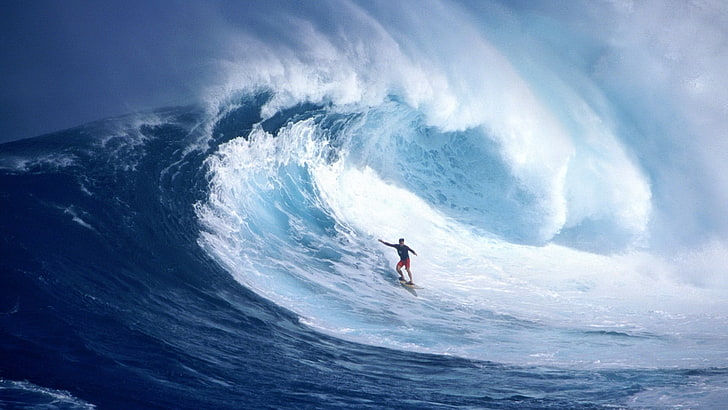 surfer surfing huge ocean waves, sea, sport, blue, water, aquatic sport, HD wallpaper