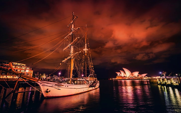 sailing ship, sea, night, sky, reflection, lights, city, Australia, HD wallpaper