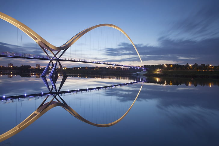 bridge, landscape, reflection, modern, urban, river, city lights, HD wallpaper