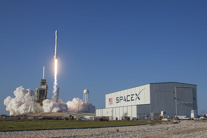 SpaceX, rocket, smoke, American flag, fire, HD wallpaper