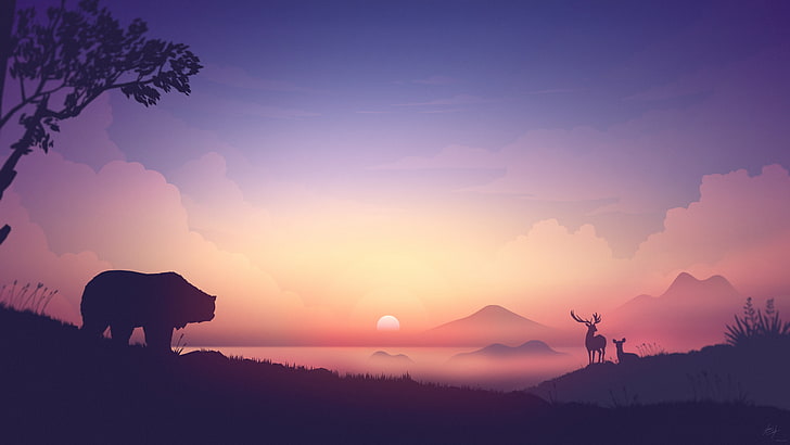 silhouette of bear illustration, silhouette photo of deer and bear under golden hour