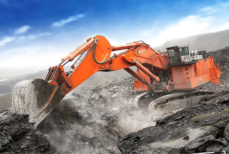 orange excavator, construction vehicles, rock, industry, sky, HD wallpaper