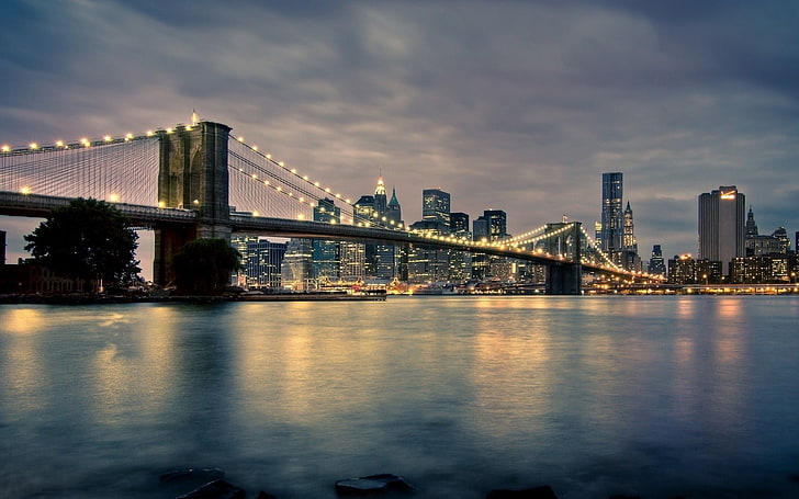 Brooklyn Bridge, manhattan, city, new york, lights, city lights, HD wallpaper