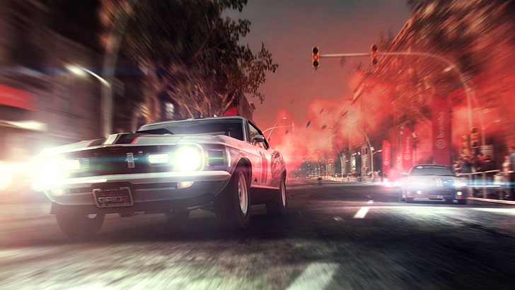 beige car, Ford Mustang, Grid 2, race cars, motion blur, video games