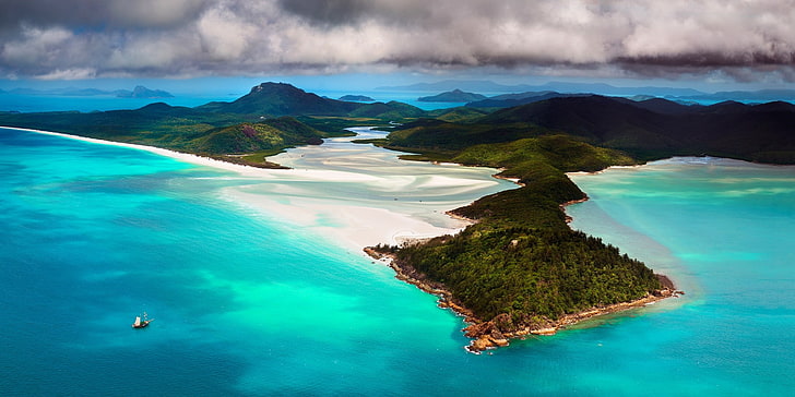 green and brown island, beach, Australia, sea, sailboats, sand, HD wallpaper