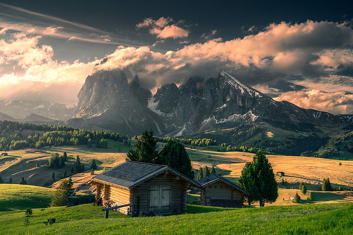 nature, landscape, Italy, house, mountains, clouds, field, sunlight, HD wallpaper