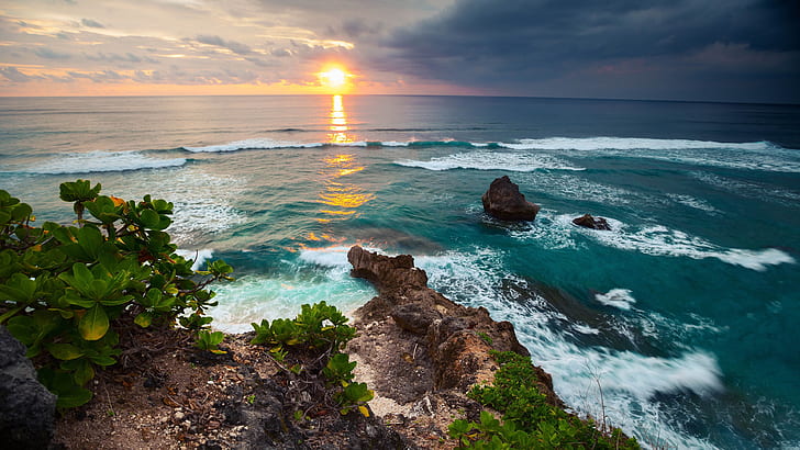 Indonesia, Bali island, tropical nature scenery, sea, waves, sunset, HD wallpaper