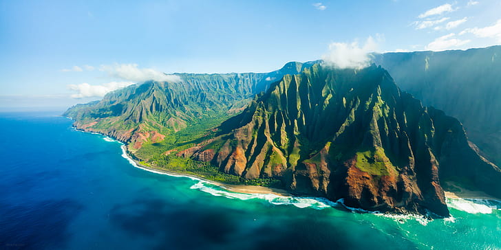 island with grass field near body of water, kauai, hawaii, kauai, hawaii, HD wallpaper