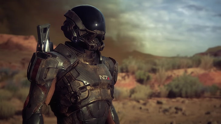 black N7 robot figure, Mass Effect: Andromeda, render, digital art