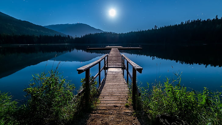 brown dock, bright, calm, blue,  dawn, environment, lake, landscape, HD wallpaper