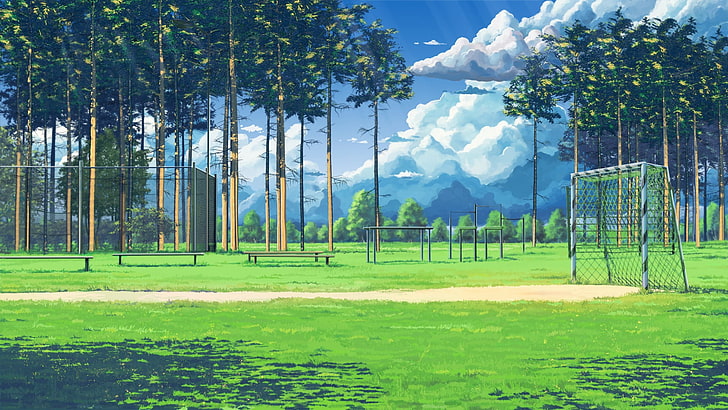 green field, clouds, Soccer Field, bench, Everlasting Summer, HD wallpaper