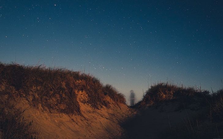 person standing between hills, photography, stars, dune, ghosts, HD wallpaper