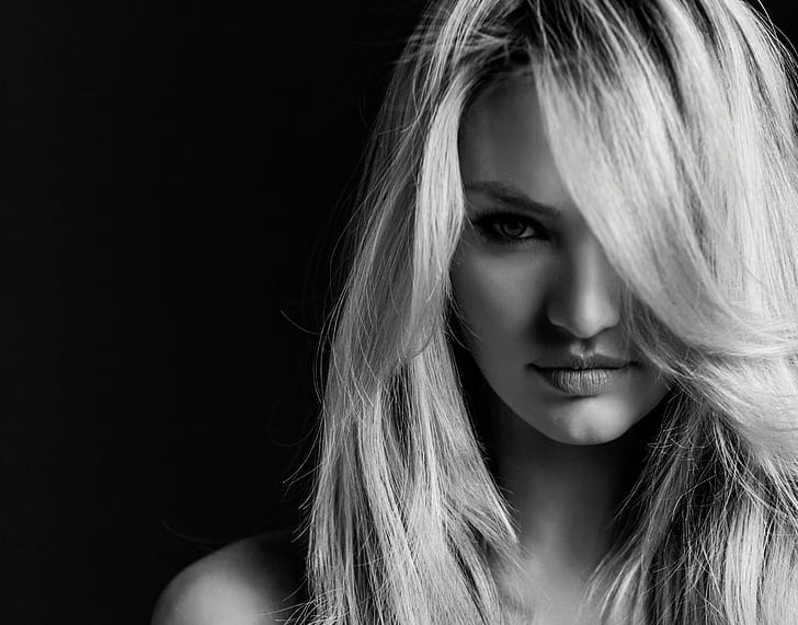 model, blonde, black and white, Candice Swanepoel, HD wallpaper