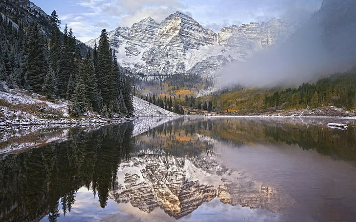 nature, mountains, lake, reflection, trees, maroon bells, Aspen