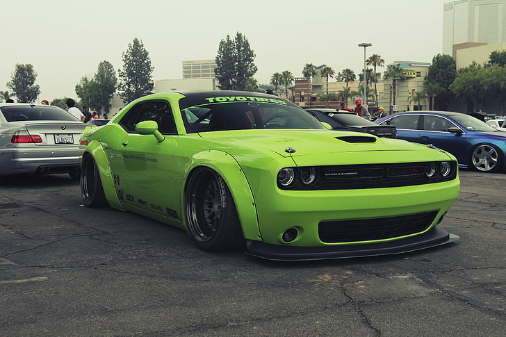 green Dodge Challenger coupe, Liberty Walk, LB Works, Dodge Challenger R/T, HD wallpaper