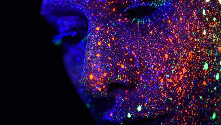 untitled, neon, glowing, body paint, paint splatter, face, photography