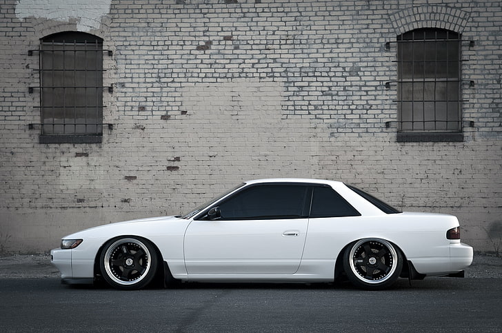 white coupe, wall, Silvia, Nissan, stance, S13, car, transportation