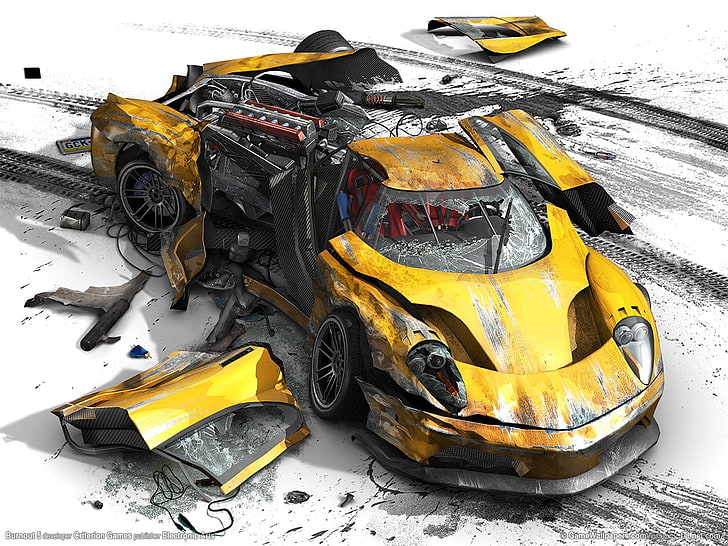 yellow wrecked car digital wallpaper, crash, Burnout (video game)