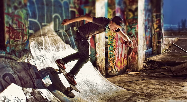 man doing skateboard exhibition, graffiti, full length, real people, HD wallpaper