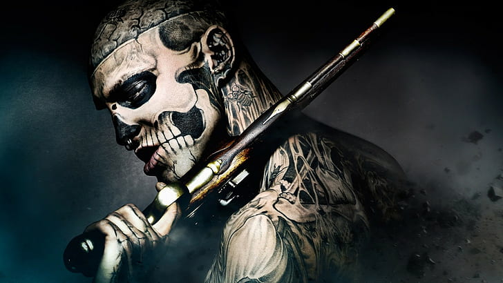 men rico the zombie gun nose rings tattoo, fear, human skeleton