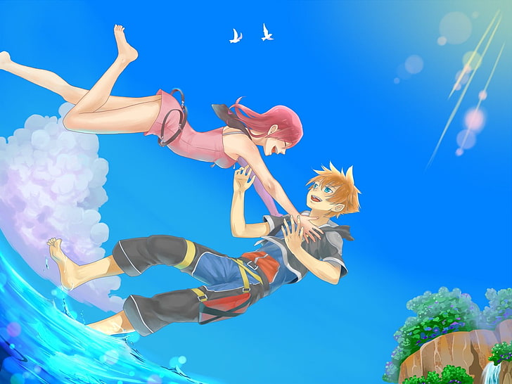 woman jumping to man who standing on water, Kingdom Hearts, Sora (Kingdom Hearts)