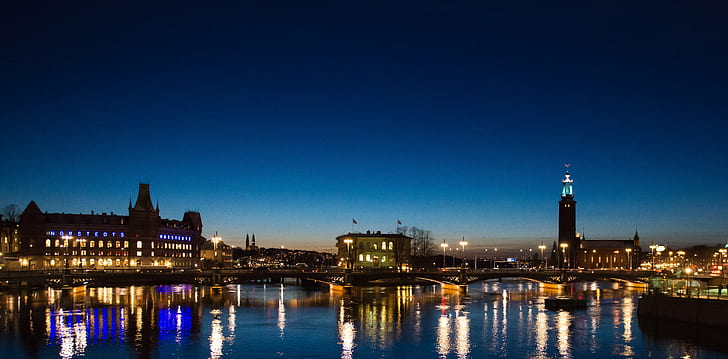 high-rise buildings near body of water during nighttime, stockholm, stockholm, HD wallpaper