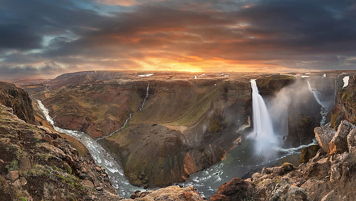 nature, landscape, waterfall, long exposure, Iceland, mountains