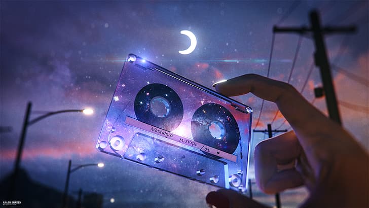 space clouds, science fiction, Retro style, tape, stars