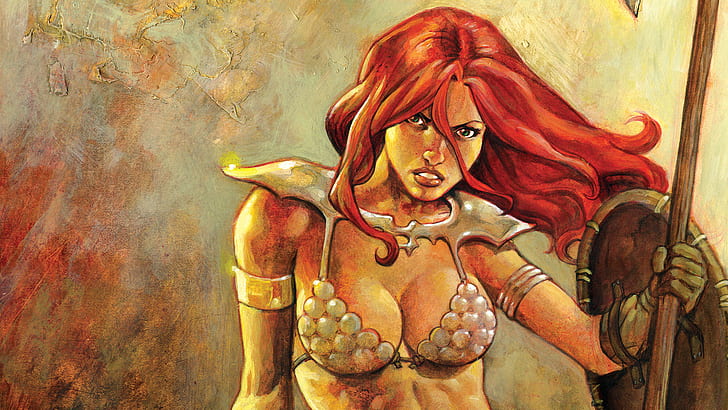 Red Sonja Redhead Drawing HD, red haired woman holding shield illustration