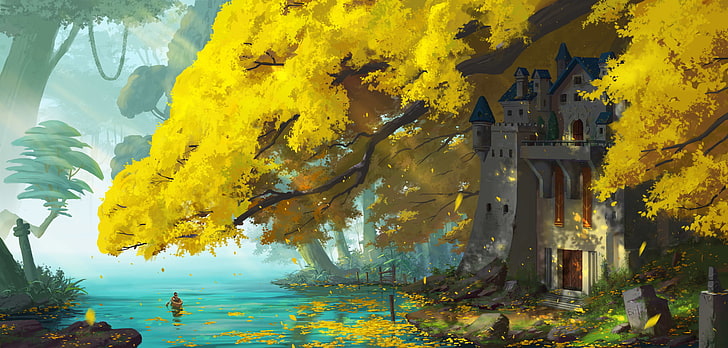 gray castle illustration, yellow petaled trees near castle painting
