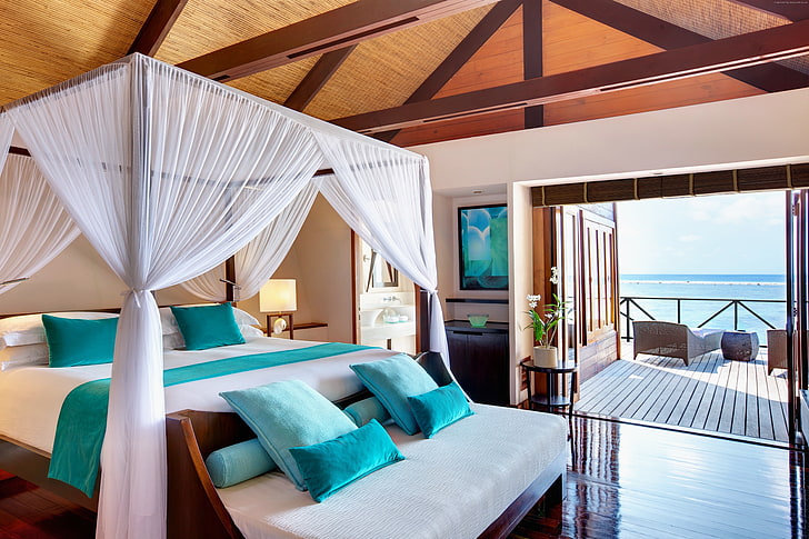 Maldives Water Villa, travel, bed, Best Hotels of 2015, resort, HD wallpaper