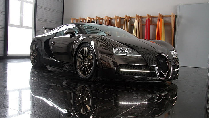 black Bugatti sports car, Bugatti Veyron, mode of transportation