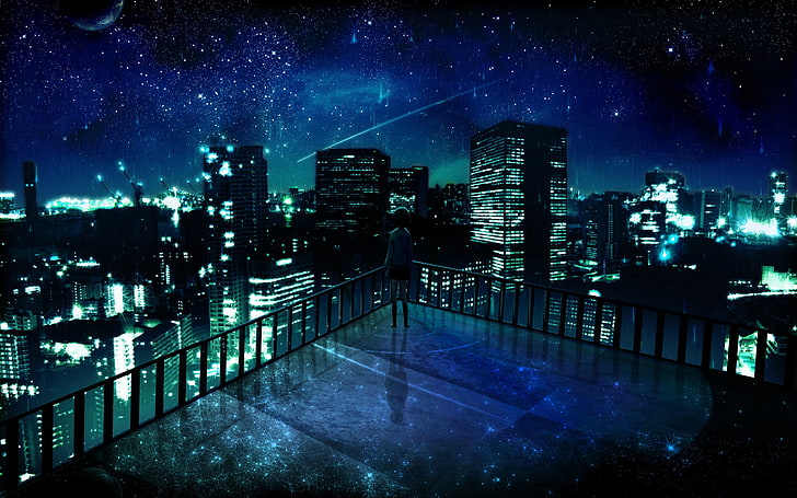 city buildings illustration, anime girls, blue, night, cityscape, HD wallpaper