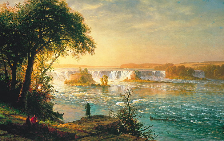 man standing at cliff facing body of water painting, the sky
