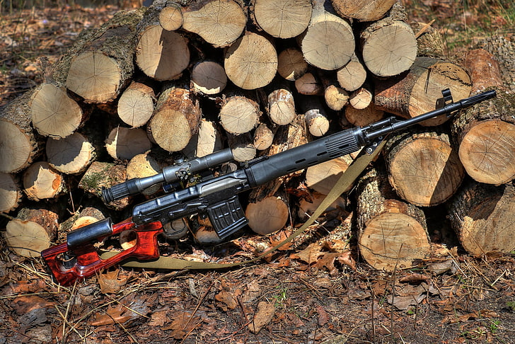 SVD, self-loading, Dragunov sniper rifle, timber, log, stack