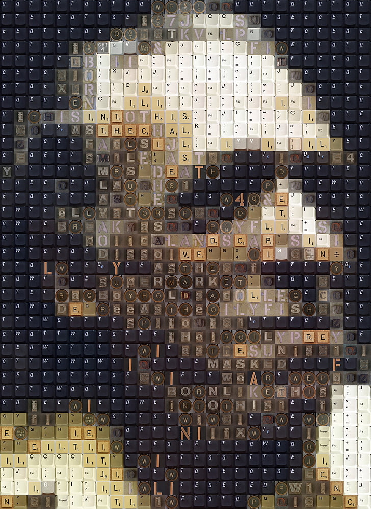 blue, white, and brown area rug, men, face, portrait, mosaic