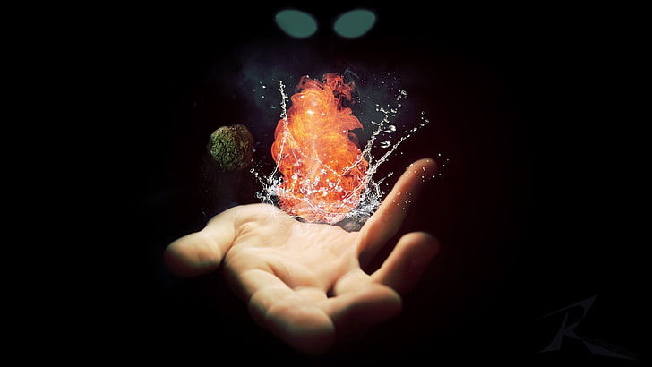 person's right hand, magic, Earth, fire, water, wind, black background, HD wallpaper