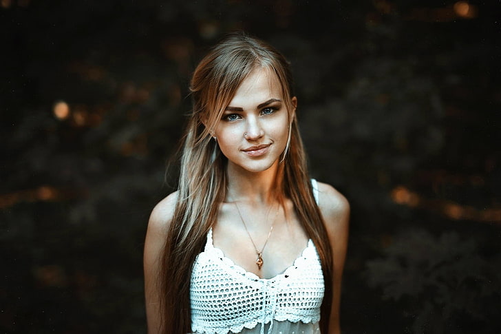 women's white top, brunette, Alla Emelyanova, model, piercing