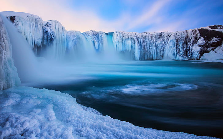 Iceland, Godafoss, beautiful waterfall, ice, snow, winter, blue