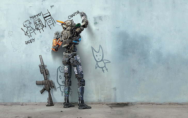 soldier character wallpaper, movies, 2015, Chappie, robot, wall - building feature