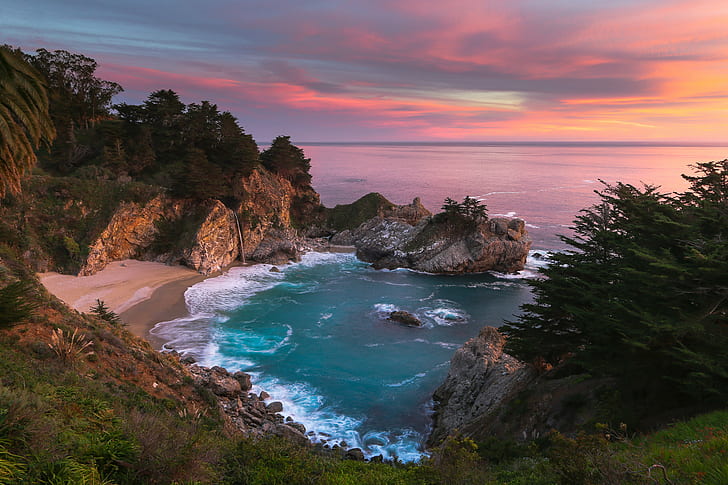 aerial view of body of water during sunset, Big Sur, Explore, HD wallpaper