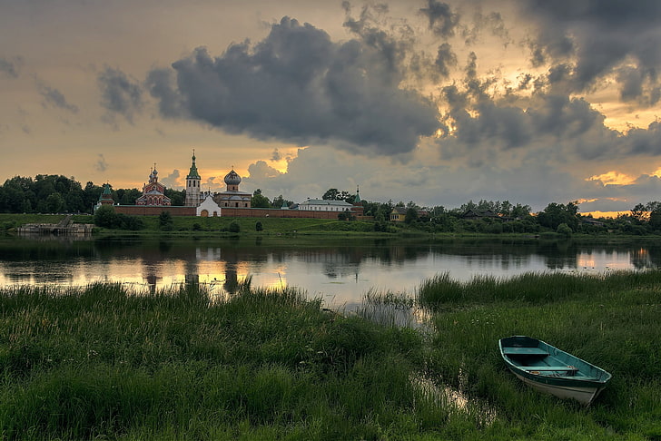 Russia, landscape, village, boat, water, sky, cloud - sky, plant, HD wallpaper