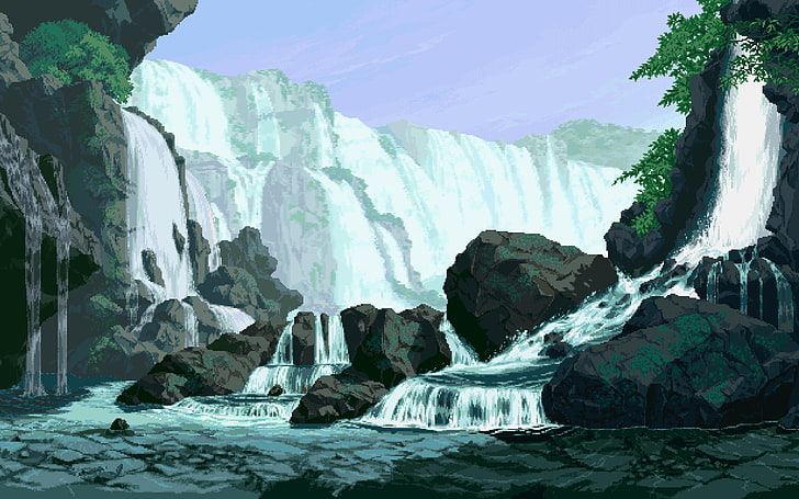 waterfalls wallpaper, pixel art, artwork, digital art, beauty in nature