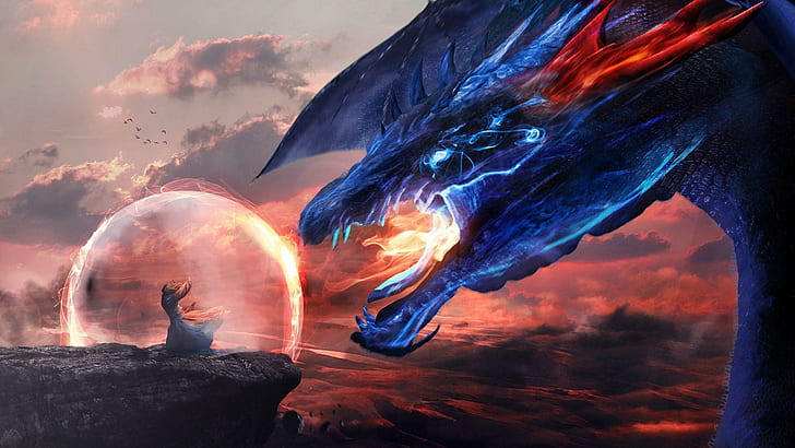 Dragon vs wizard, blue dragon blowing fires at man with shield illustration