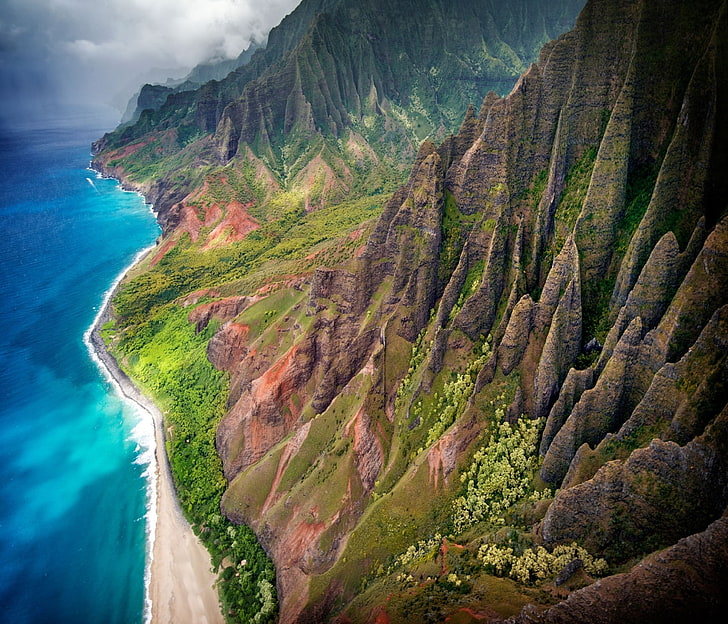 aerial view of mountains and body of water, Kauai, tropical, beach, HD wallpaper