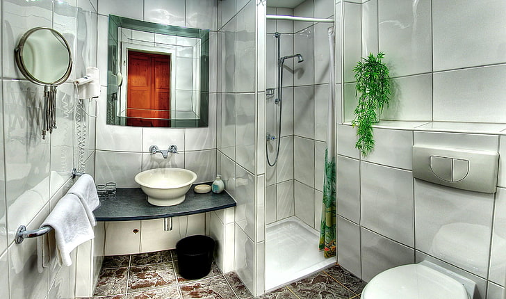 white shower stall and sink, tub, tile, toilet, mirror, hdr, domestic Bathroom