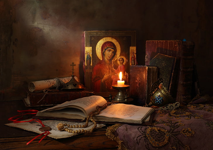 white and brown book and brown prayer beads, Still Life with icon, HD wallpaper