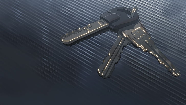 black semi-automatic pistol, keys, 5 Centimeters Per Second, metal