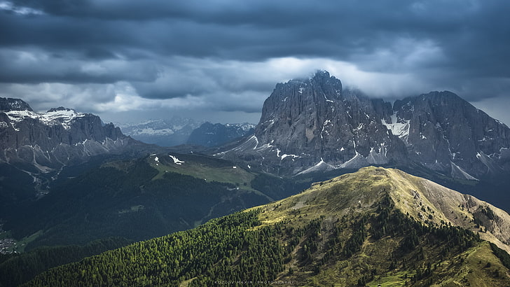 black and brown wooden board, landscape, mountains, clouds, dolomite alps, HD wallpaper