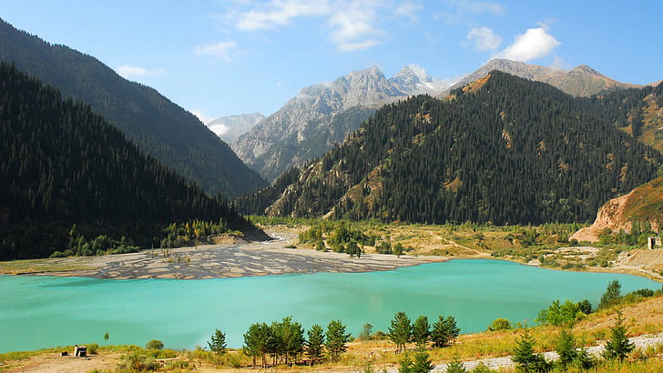 mountain ranges, Lake Issyk-Kul, Kyrgyzstan, mountains, forest, HD wallpaper